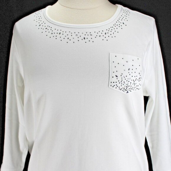 Quacker Factory Knit Top Womens Sz XL White Jewel Embellished 3/4 Sleeve Cotton - Picture 2 of 7